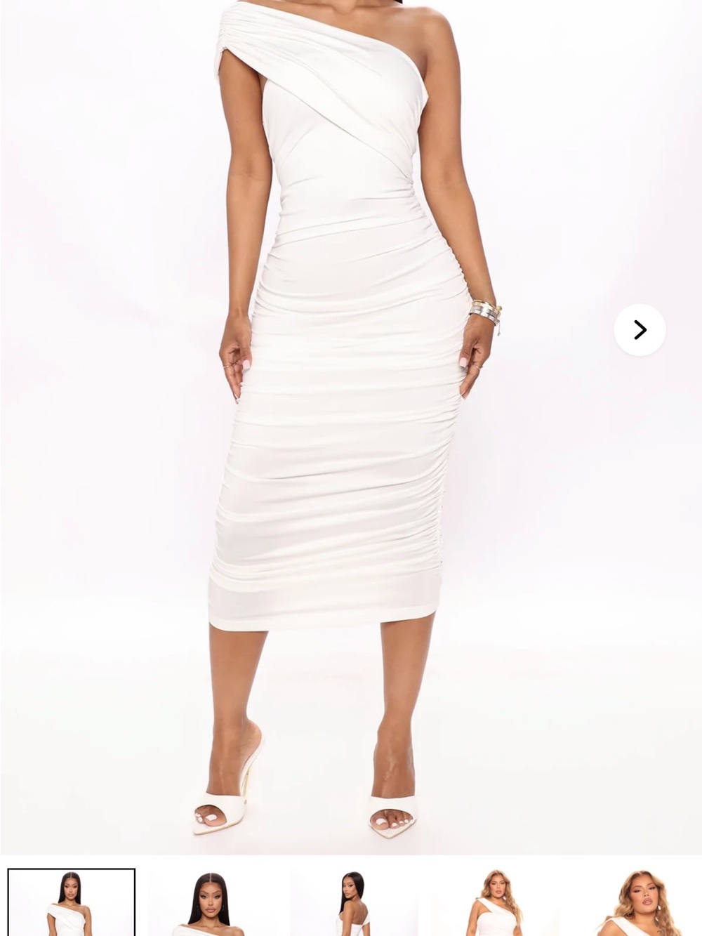 Fashion Nova One-Shoulder White Ruched Midi Dress